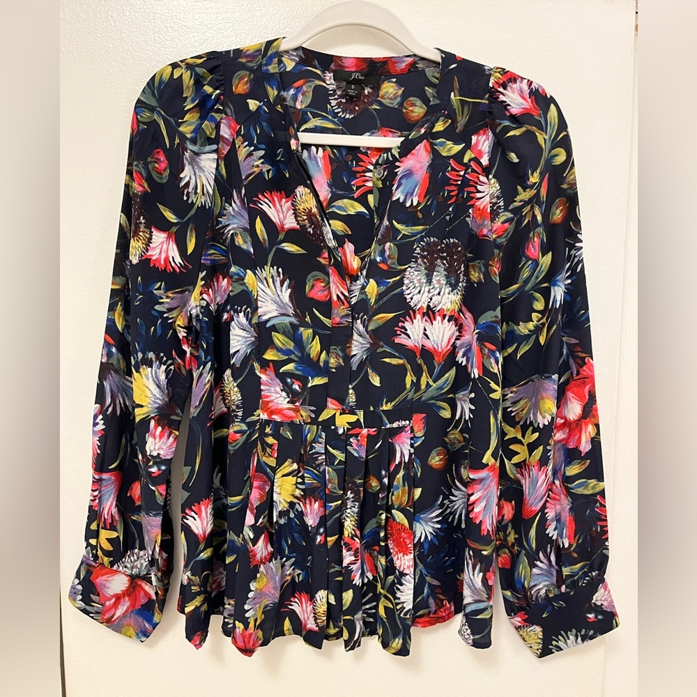 J. Crew Floral Blouse - Navy with Multicolor Floral Pattern